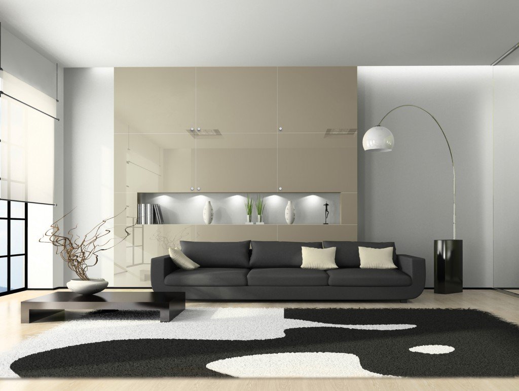 Modern interior with sofa and white carpet 3D