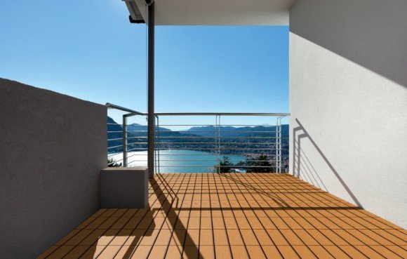 Modern apartment, balcony, lake panoramic view